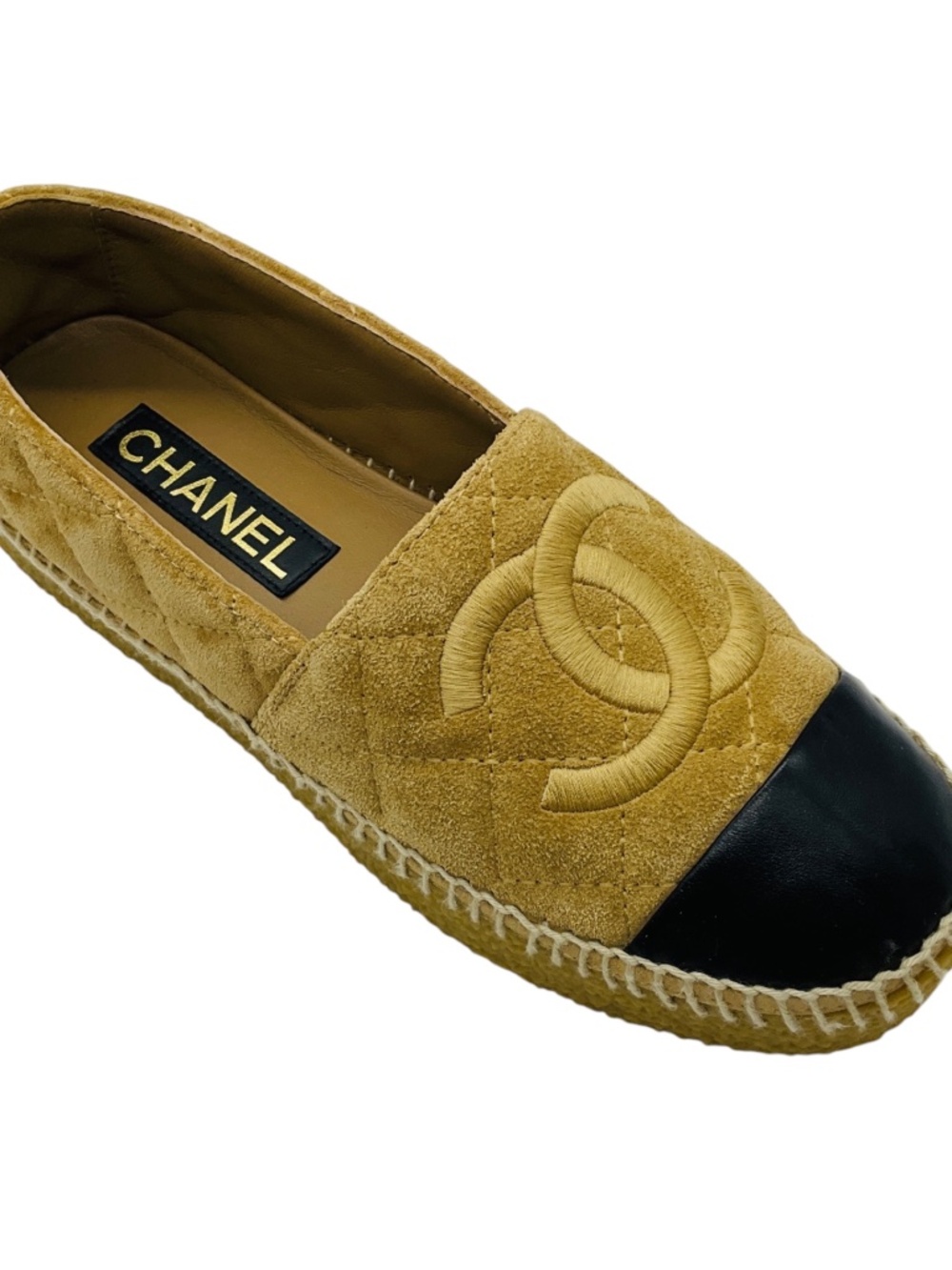 CHANEL TAN / BLACK LEATHER CAP TOE CC LOGO EMBOSSED QUILTED SUEDE ESPADRILLE FLA